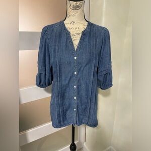 J. McLaughlin Blue Blouse with Puff Sleeves and Mandarin Collar